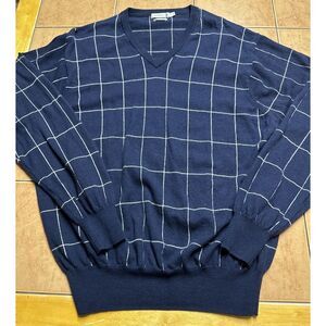 Peter Millar Blue 100% Merino Wool Windowpane Plaid V-Neck Knit Sweater Sz Large